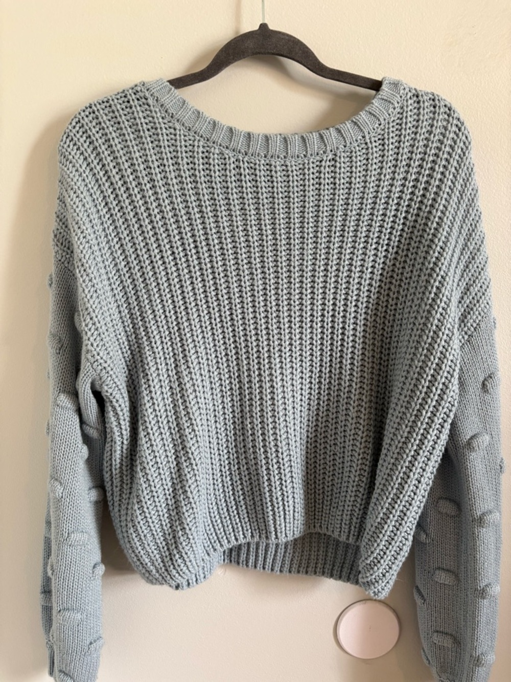 Jessica Simpson Light Gray Crewneck Pom-Pom Sleeve Knit Sweater